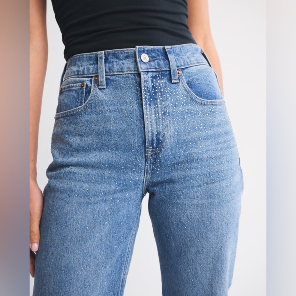 Abercrombie & Fitch High Rise Blue Jeans with Rhinestones